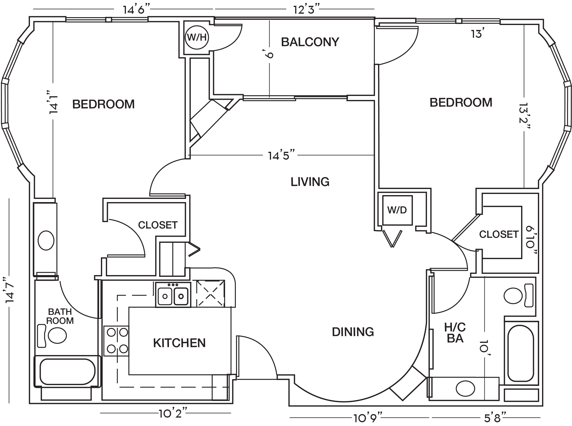 Floor plan for 2 beds, 2 baths, 1141 sqft